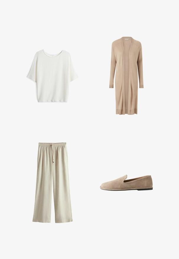 Beige, lange cardigan gemaakt van zachte gebreide stof. Open voorkant, met geribbelde manchetten en zoom, heeft een strak, minimalistisch ontwerp. Geschikt om te combineren.; Witte top met korte mouwen en een ronde hals, gemaakt van een gestructureerde, geweven stof en met een losse pasvorm, geschikt voor casual kleding.; Beige wijde broek met elastische tailleband en trekkoord, gemaakt van lichtgewicht stof, met een ontspannen pasvorm.; Beige suède instapschoen met afgeronde neus, lage platte hak, doorgenaaide zool en elastische zij inzet voor gemakkelijk aan- en uittrekken.