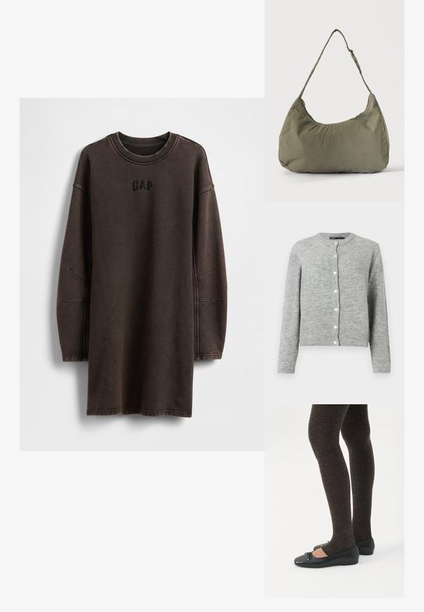 Gilet gris clair en tricot doux, avec un col rond, des manches longues et six boutons blancs sur le devant.; Robe sweat-shirt oversize marron en matière douce, avec un col rond et un logo "GAP" brodé sur la poitrine.; Jambes portant des leggings côtelés foncés associés à des ballerines noires avec de petits détails en nœud sur fond blanc.; Sac à épaule en tissu doux vert olive avec fermeture éclair et bandoulière réglable sur un fond uni clair.