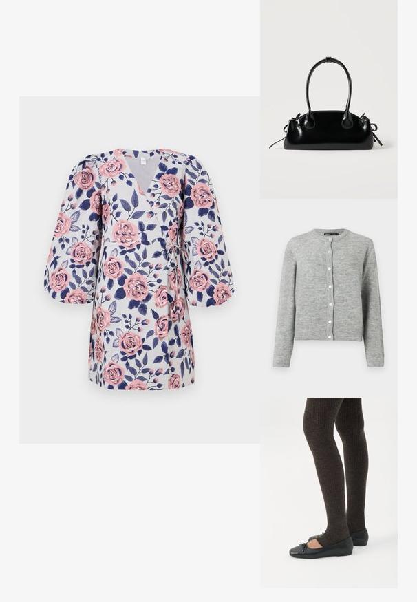 Lichtgrijze cardigan van zachte brei stof, met een ronde halslijn, lange mouwen en zes witte knopen aan de voorkant.; Bloemen wikkeljurk met een lichtgrijze achtergrond, roze rozen, donkerblauwe bladeren en driekwart pofmouwen. Met strik in de taille.; Benen met donkere geribbelde leggings gecombineerd met zwarte ballerina's met kleine strikdetails op een witte achtergrond.; Kleine zwarte glanzende handtas met twee lange hengsels en zijkant trekkoord details op een effen lichte achtergrond.