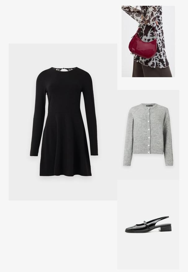 Helle graue Strickjacke aus weichem Material, mit Rundhalsausschnitt, langen Ärmeln und sechs weißen Knöpfen auf der Vorderseite.; Schwarzes langärmliges Kleid mit weitem Rock und eng anliegendem Oberteil, mit einer Spitzenverzierung am Rückenausschnitt. Glatte Stoffoberfläche.; Schwarzer Slingback-Schuh aus Lackleder mit niedrigem Blockabsatz und dünnem Riemen mit silberner Schnalle oben.; Frau trägt eine schwarz-weiß gemusterte Bluse und hält eine glänzende rote Schultertasche vor einem einfarbigen Hintergrund.