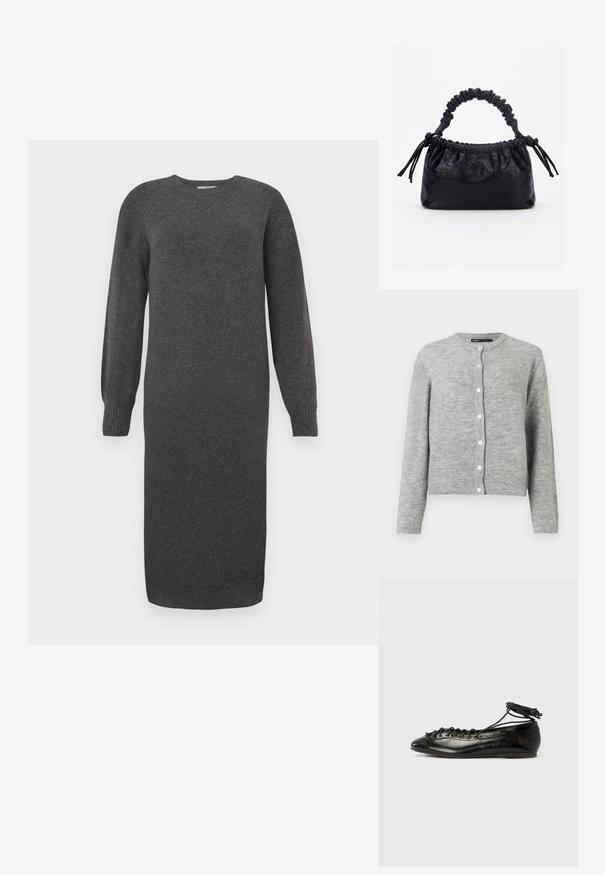 Gilet gris clair en tricot doux, avec un col rond, des manches longues et six boutons blancs sur le devant.; Robe tricotée gris foncé avec des manches longues, un col rond et des poignets côtelés. Longueur mi-mollet et texture lisse. Design simple sans motifs.; Ballerines en cuir verni noir avec un bout rond, un design à lacets et une semelle plate. Texture lisse avec peu de détails.; Sac à main noir avec texture crocodile, bord supérieur froncé, poignée plissée et pompons à cordon de chaque côté sur fond blanc.