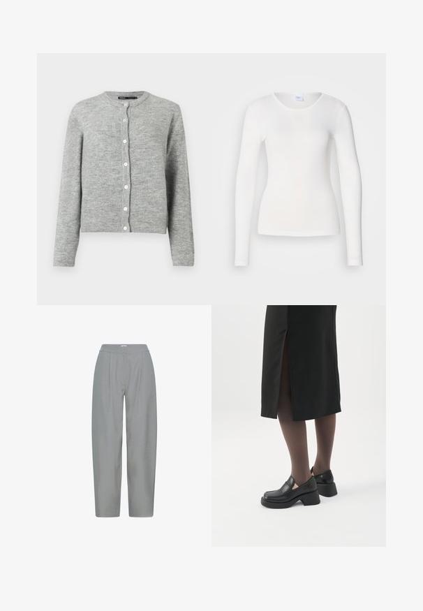 Gilet gris clair en tricot doux, avec un col rond, des manches longues et six boutons blancs sur le devant.; Chemise blanche à manches longues en tissu doux et lisse ; présente un col rond et une coupe ajustée, sans motifs ni embellissements.; Pantalon gris clair à taille haute, devant plissé, jambes larges et droites, texture de tissu lisse. Pas de poches apparentes ni d'ornements.; Femme portant des mocassins noirs à talons épais, des collants noirs transparents et une jupe noire fendue à l'arrière sur fond blanc.