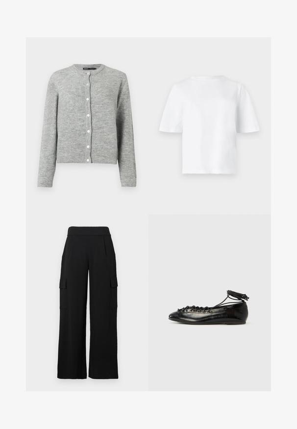 Lichtgrijze cardigan van zachte brei stof, met een ronde halslijn, lange mouwen en zes witte knopen aan de voorkant.; Effen witte T-shirt met korte mouwen en ronde hals, plat weergegeven tegen een lichtgrijze achtergrond.; Zwarte cargobroek met een wide-leg design, gemaakt van een glad, rekbaar materiaal. Voorzien van twee zijzakken met kleppen en een hoge tailleband.; Zwarte ballerina's van lakleer met een afgeronde neus, veterdesign en een platte zool. Glad oppervlak met minimale details.