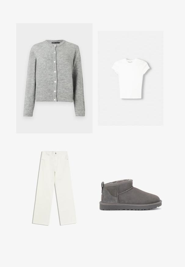 Lys grå cardigan lavet af blødt strikstof, med rund halsudskæring, lange ærmer og seks hvide knapper ned ad fronten.; Hvid kortærmet t-shirt lavet af blød bomuld, med rund halsudskæring og en tætsiddende form. Ingen synlige mønstre eller udsmykninger.; Hvide jeans med højt liv og lige ben, med forlommer og knaplukning på hvid baggrund.; Grå ruskinds ankelstøvler med en blød indersål, minimal syning og en formstøbt gummisål. Har en løkke bagpå.