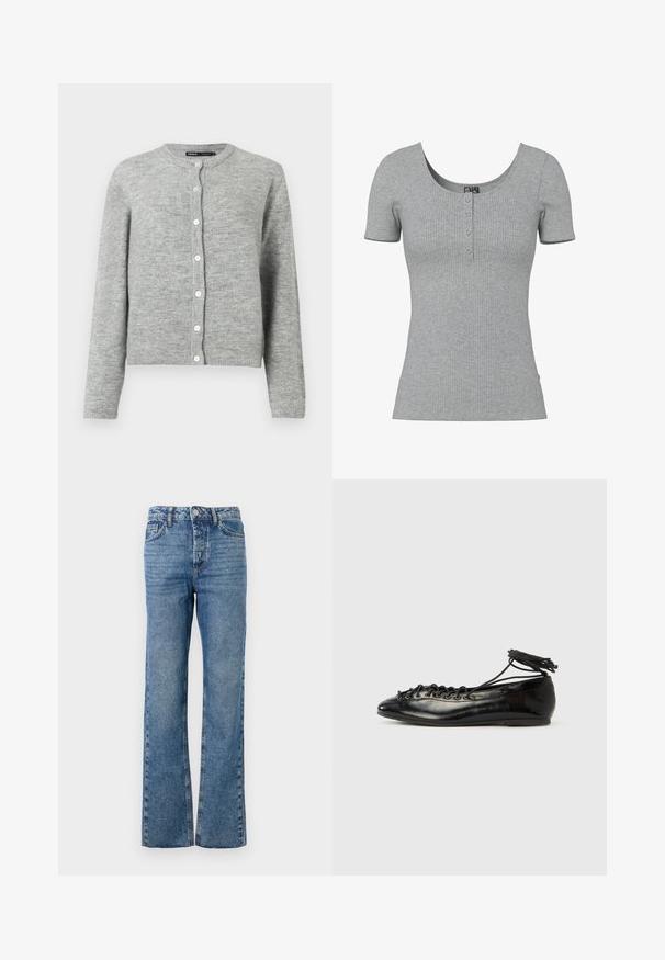Helle graue Strickjacke aus weichem Material, mit Rundhalsausschnitt, langen Ärmeln und sechs weißen Knöpfen auf der Vorderseite.; Grau geripptes Kurzarmshirt mit Rundhalsausschnitt und vier kleinen Knöpfen in der Mitte vorne.; Ausgestellte blaue Jeans aus Denim. Sie verfügen über fünf Taschen, einen Knopf- und Reißverschluss, ein ausgewaschenes Muster an den Beinen und eine gerade Passform.; Schwarze Ballerinas aus Lackleder mit runder Spitze, Schnürdesign und flacher Sohle. Glatte Textur mit minimaler Verzierung.