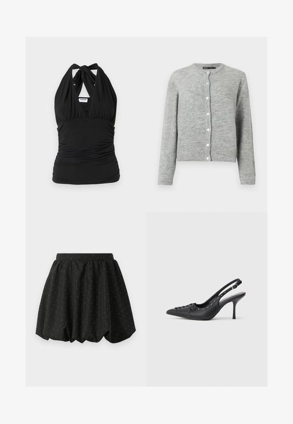 Lys grå cardigan lavet af blødt strikstof, med rund halsudskæring, lange ærmer og seks hvide knapper ned ad fronten.; Noisy May NMBELLA HALTERNECK - Top - black; Sort bubble nederdel med elastisk talje og hvid prikket mønster. Lavet af letvægtsstof, med et voluminøst design og buet kant.; Sorte læder slingback stiletto med spids tå, side spændebånd, nitter langs kanten og dekorativ snøring foran.