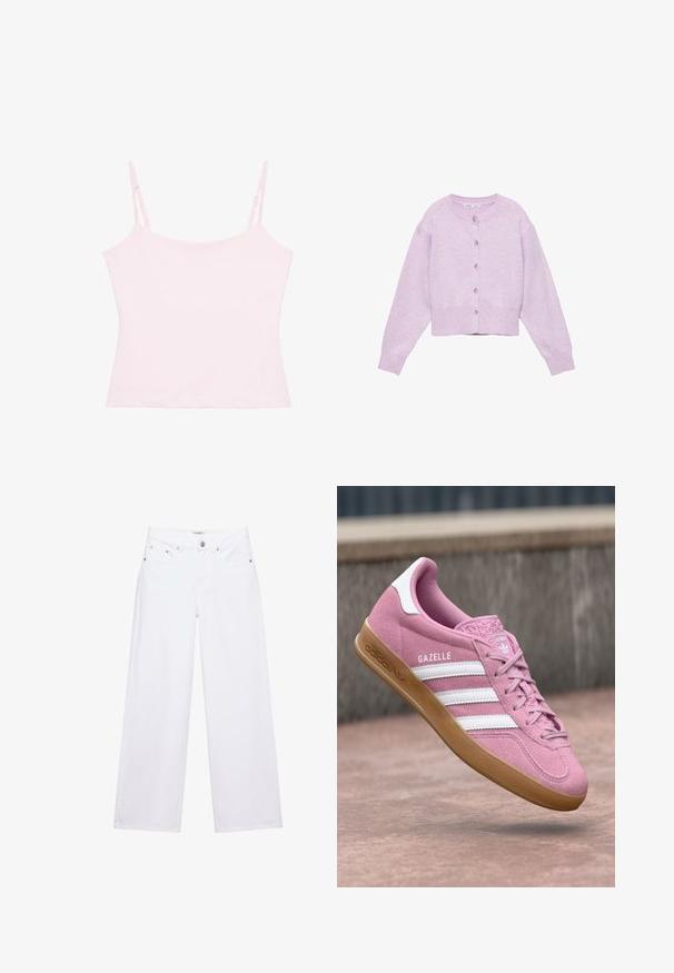 Cardigan court lavande clair en maille douce. Caractérisé par un col rond, des manches longues et une fermeture à boutons sur le devant.; Haut camisole rose clair sans manches avec fines bretelles réglables sur fond blanc.; Jean blanc taille haute à jambes larges avec fermeture à boutons et zip, poches avant et arrière, et détails en rivets argentés.; Baskets en suede rose avec un design à trois bandes blanches et un logo. Présente une pointe texturée et une semelle en caoutchouc. Le nom du modèle "Gazelle" est affiché sur le côté.