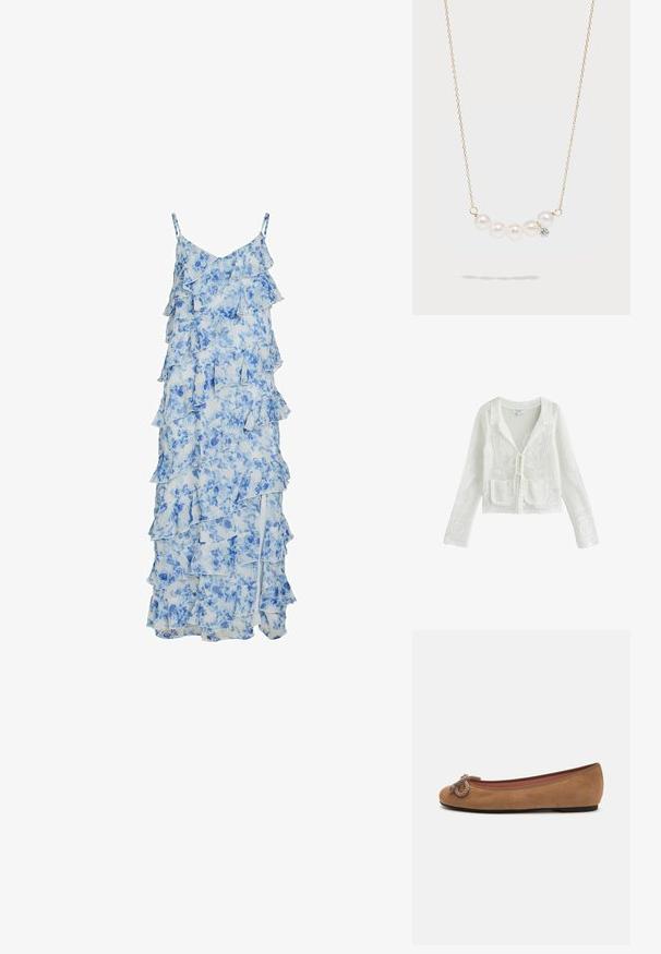 Chaqueta larga blanca de punto abierto con flores, dos bolsillos delanteros, bordes en forma de ondas y cierres con lazos en la parte delantera.; Vestido largo blanco con estampado floral azul, capas de volantes escalonados y tirantes finos tipo espagueti.; Bailarinas de ante marrón con punta redonda, que presentan un nudo decorativo de cuerda en la parte delantera y una suela plana.; Collar de cadena de oro que presenta seis perlas blancas y un único acento decorativo en cristal, mostrando una textura suave y pulida.