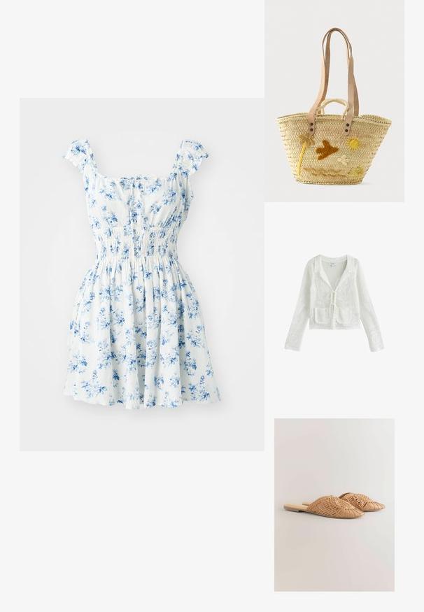 Hvid åbenstrikket cardigan med lange ærmer, blomstermønster, to forlommer, bølgekant og bindebånd foran.; Blomsterkjole med korte volangærmer, hvidt stof med mønster af blå blomster, elastisk talje og svajet skørt.; Vævede læder slidesandaler i lysebrun, med et oversized vævet overdelsdesign og en flad sål. Spidse tæer giver et elegant udseende.; Vævet halmnettaske med tanfarvede læder skulderstropper, små håndtag og broderede motiver af palme, fugl, sol, sky og sandet bakke foran.