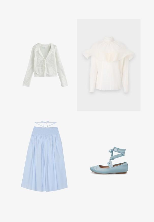 Hvid åbenstrikket cardigan med lange ærmer, blomstermønster, to forlommer, bølgekant og bindebånd foran.; Hvid bluse med høj krave, tekstureret stof og overdimensionerede flæseærmer. Lange ærmer med tætsiddende manchetter, afslappet pasform hele vejen igennem.; Lyseblå bomuldsnederdel med smocket talje, flydende silhuet, brede folder og tynde bindebånd i ryggen for justerbar pasform.; Lyseblå flad sko med glat overflade, rund tå, dekorativ syning og satinbånd ved anklen for sikkert fit.