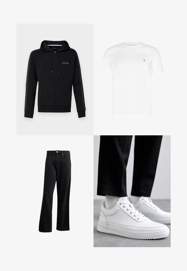 Zwarte zip-up hoodie van een katoenmix, voorzien van een trekkoordkap, wit logo op de borst en contrasterende zijstrepen.; Witte katoenen t-shirt met korte mouwen, ronde hals en een klein grijs logo op de linkerkant van de borst. Glad textuur, casual ontwerp.; Zwarte denim jeans met een recht gesneden ontwerp, voorzien van voorzakken, een knoopsluiting en een lichte textuur. Inclusief een subtiele logo-detail.; Witte leren sneakers met een platte rubberen zool, met een soepele afwerking, ronde neus en metalen oogjes voor de veters. Draag ze met een zwarte broek.