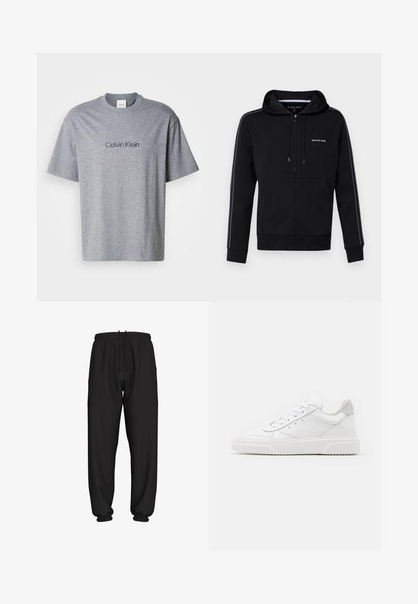 Zwarte zip-up hoodie van een katoenmix, voorzien van een trekkoordkap, wit logo op de borst en contrasterende zijstrepen.; Grijze katoenen t-shirt met korte mouwen, ronde halslijn en een geprinte "Calvin Klein" logo in een donkerdere tint over de borst.; Zwarte sweatpants met losse pasvorm, elastische tailleband en boorden, voorzien van een verstelbare trekkoord in de taille.; Witte leren sneakers met een gladde afwerking, ronde neus, platte veters en een gestructureerde zool. Grijze suède accent bij de hiel.