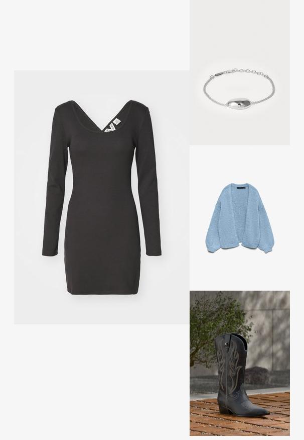 Lys blå strikket cardigan med åben front, oversized ærmer og ribbede manchetter. Blød tekstur og afslappet pasform. Ingen knapper eller lukninger.; Langærmet, sort ribbet kjole med dyb V-udskæring og tætsiddende silhuet. Stoffet virker strækbart med en glat overflade.; Sort cowboystøvle med dekorativ syning, spids tå og hæl, står på træfliser med en grøn busk og betonvæg i baggrunden.; Otiumberg BRACELET - Armbånd - silver-coloured