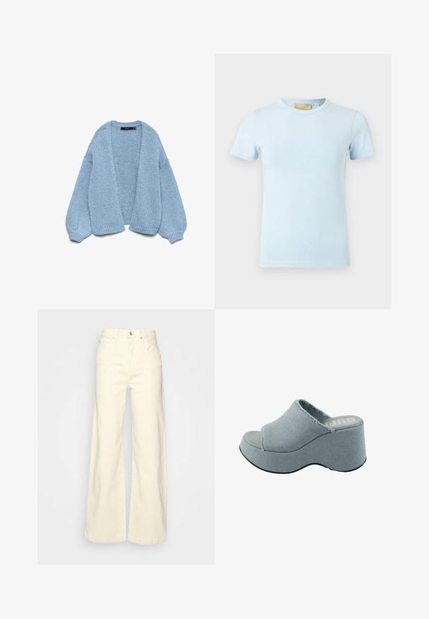 Cardigan de punto azul claro con un diseño de frente abierto, mangas de gran tamaño y puños acanalados. Textura suave y ajuste relajado. Sin botones ni cierres.; Camiseta de manga corta azul claro hecha de algodón suave. Presenta un cuello redondo y una textura lisa sin patrones o acentos visibles.; Pantalones de pierna ancha en un color crema claro, fabricados en algodón, con cintura alta, cinco bolsillos, cierre de botón y detalles de costura mínimos.; Chancla de plataforma de color azul claro con parte superior de tela deshilachada, diseño de punta abierta, suela gruesa y redondeada, y suela gris texturizada.