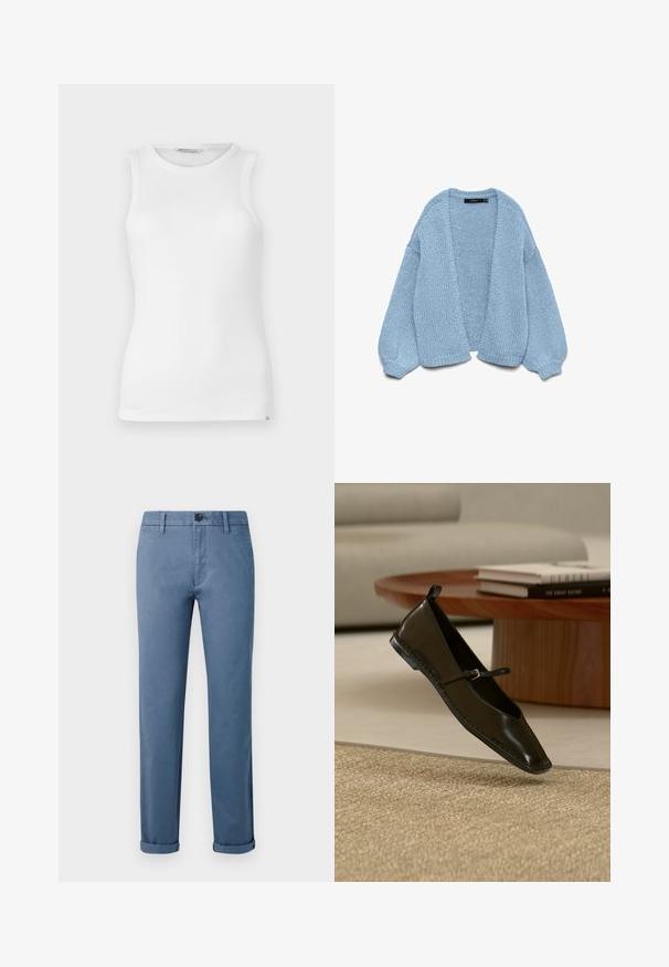 Gilet en tricot bleu clair à ouverture devant, avec des manches surdimensionnées et des poignets côtelés. Texture douce et coupe décontractée. Sans boutons ni fermetures.; Débardeur blanc sans manches en tissu côtelé, avec un col rond, une texture lisse et une petite étiquette de marque sur la couture latérale inférieure.; Pantalons casual bleus avec fermeture à bouton, passants de ceinture, poches latérales et poignets aux chevilles sur fond blanc.; Chaussure plate Mary Jane en cuir noir flottant au-dessus d'un tapis beige tissé, avec une table ronde en bois et des livres empilés en arrière-plan.