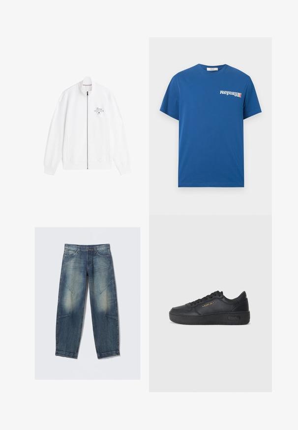 Hvid lynlåsjakke med høj krave, ribstrikkede manchetter og "Tommy Hilfiger" logo på venstre bryst.; Blå kortærmet bomulds-T-shirt med hvidt "Replay"-logo og fire farvede striber på venstre bryst, rund halsudskæring, ensfarvet ryg.; Lyseblå denimjeans med løs pasform, med falmede pletter, frontlommer og diagonale sømdetaljer. Design med lige ben.; Replay EPIC HIGH - Sneakers - black
