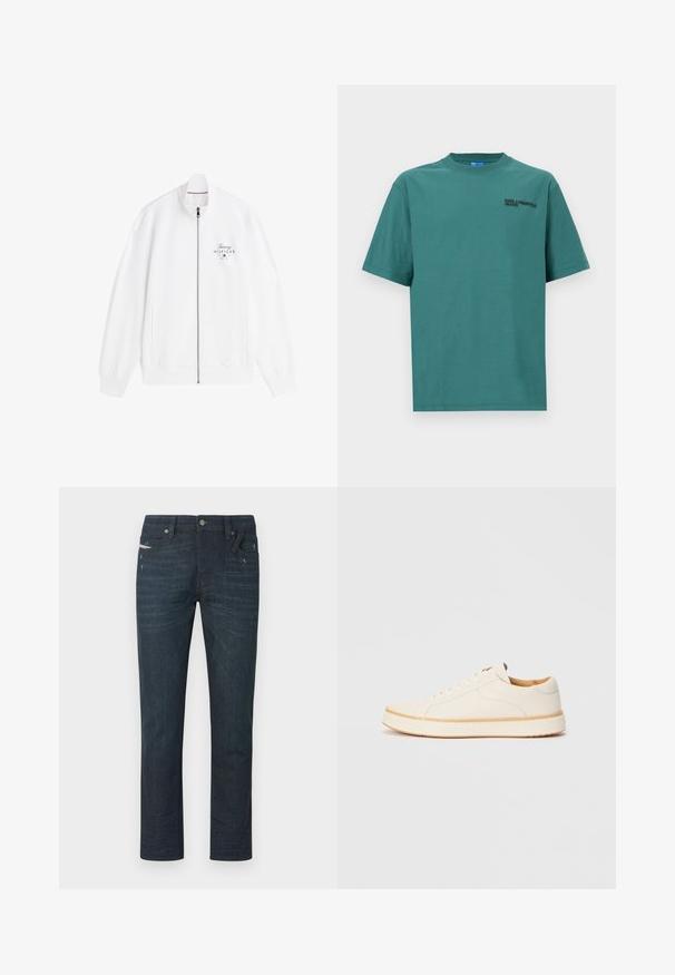 Veste blanche à fermeture éclair avec un col montant, des poignets côtelés et le logo "Tommy Hilfiger" sur la poitrine gauche.; T-shirt en coton teal à manches courtes, col rond, avec un logo noir sur la poitrine gauche. Texture lisse, coupe décontractée.; Jeans bleu foncé à jambes droites avec un léger effet délavé et des détails d'usure, fermeture frontale par boutons, passants pour ceinture, et cinq poches visibles.; Baskets en cuir blanc avec un bout rond, design simple à lacets, semelle intérieure rembourrée et semelle en caoutchouc beige contrastante. Texture lisse sur l'ensemble.