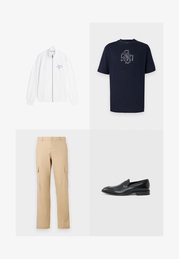 Veste blanche à fermeture éclair avec un col montant, des poignets côtelés et le logo "Tommy Hilfiger" sur la poitrine gauche.; T-shirt en coton bleu marine à manches courtes, avec un design de logo stylisé blanc sur la poitrine. Encolure classique.; Pantalons cargo beiges en coton avec une coupe droite, dotés de poches latérales et d'une fermeture à bouton à la taille. Texture lisse, sans motifs.; Mocassin pour hommes en cuir noir avec talon bas, bout arrondi et petit logo métallique sur la bride, présenté en profil latéral sur un fond uni.