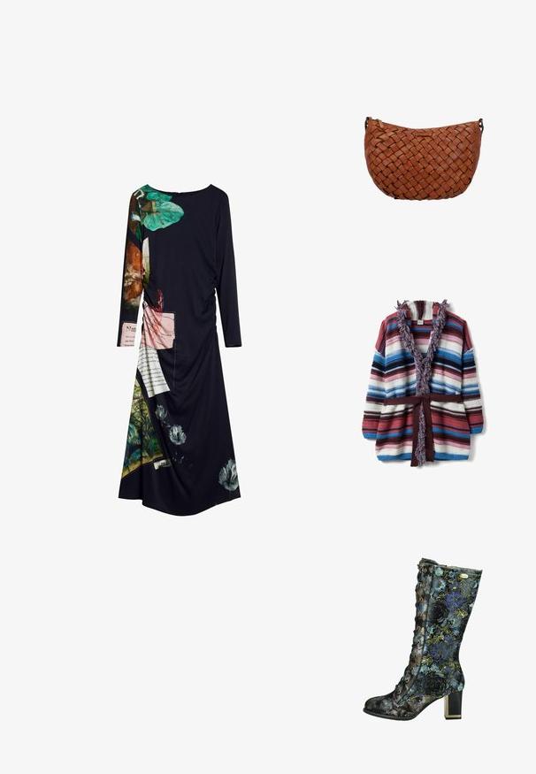 Cárdigan de punto con rayas multicolores, cuello con flecos y cinturón a juego en tonos azul, rosa, blanco y burdeos, extendido plano.; El vestido negro de manga larga presenta estampados florales y de texto vibrantes, una tela texturizada y detalles fruncidos a un lado, creando un aspecto dinámico.; Bota de encaje hasta la mitad de la pantorrilla con tacón cuadrado, base negra y patrón y textura floral azul y verde, vista lateral.; Bolso de hombro de cuero marrón con patrón tejido y cierre con cremallera en la parte superior, mostrado sobre un fondo blanco.