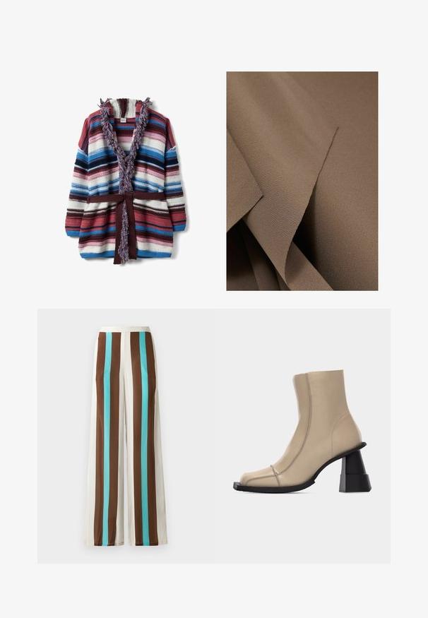 Mehrfarbige gestreifte Strickjacke mit Fransenkragen und passendem Gürtel in Blau-, Pink-, Weiß- und Burgundertönen, flach liegend.; Reiss REGULAR FIT - ONE SHOULDER DRAPED - Top - mink; Weite Hosen mit braunen, cremefarbenen und türkisfarbenen vertikalen Streifen. Hergestellt aus leichtem Stoff mit glatter Textur und elastischem Bund.; Beiger Leder-Stiefelette mit quadratischer Spitze, sichtbaren Nähten und stabilem, schwarzem, skulpturiertem Blockabsatz auf weißem Hintergrund.