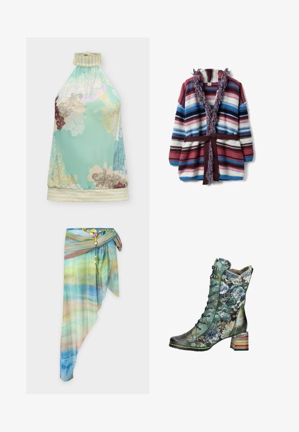 Cárdigan de punto con rayas multicolores, cuello con flecos y cinturón a juego en tonos azul, rosa, blanco y burdeos, extendido plano.; Top sin mangas con cuello halter y bajo a rayas amarillas y blancas, con un patrón de encaje floral en tonos pastel sobre un fondo turquesa claro.; Falda cruzada asimétrica transparente con patrón degradado en azul, verde y beige, sujeta con un cinturón decorativo con cuentas y cierre redondo.; Bota hasta la mitad de la pantorrilla con cordones, patrón floral, tacón bloque apilado multicolor y etiqueta cerca de la parte superior en el lateral.