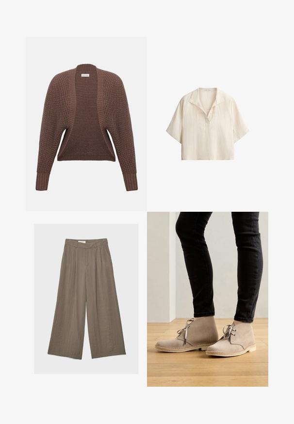 Cardigan marron avec un motif en maille texturée, devant ouvert et manches larges. Poignets et ourlet côtelés pour plus de tenue. Tissu léger et respirant.; Chemise ample en lin couleur crème à manches courtes, col ouvert avec détail en V sur fond blanc.; Pantalon taupe à jambes larges avec plis, poches latérales et ceinture, posé à plat sur un fond uni clair.; Bottines en daim beige à bout rond, avec un laçage et des coutures contrastantes, portées avec un pantalon noir ajusté sur un sol en bois.