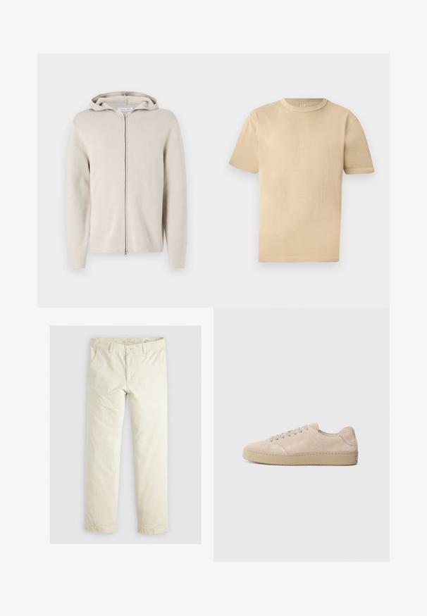 Veste à capuche zippée beige avec une texture douce, dotée d'une capuche, de manches longues et d'une coupe droite. Design minimaliste sans ornements.; T-shirt beige en coton à manches courtes et col rond avec une coupe décontractée et des détails de couture subtils sur un fond clair.; Pantalons loose-fit beige clair avec trois poches, passants de ceinture et une coupe droite. Fabriqués en un doux mélange de coton.; Baskets en daim beige avec un bout rond, des lacets plats et une semelle en caoutchouc texturé. Design minimaliste avec des bords lisses et des coutures discrètes.