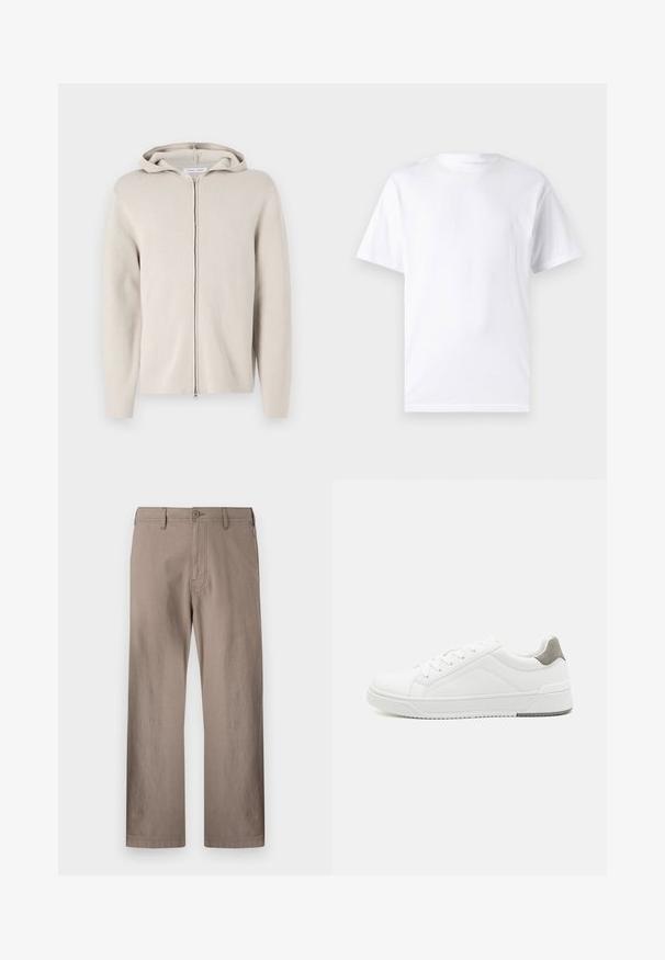 Sudadera beige con cremallera y textura suave, que presenta una capucha, mangas largas y un corte recto. Diseño minimalista sin adornos.; Camiseta blanca de manga corta hecha de algodón con cuello redondo, que presenta una textura suave y un diseño simple sin patrones ni acentos.; Pantalones rectos color beige hechos de tela ligera con cierre de botón, que cuentan con bolsillos frontales y costuras limpias.; Zapatilla blanca con material de cuero liso, punta redonda, diseño minimalista, acento gris en el talón y suela de goma texturizada.