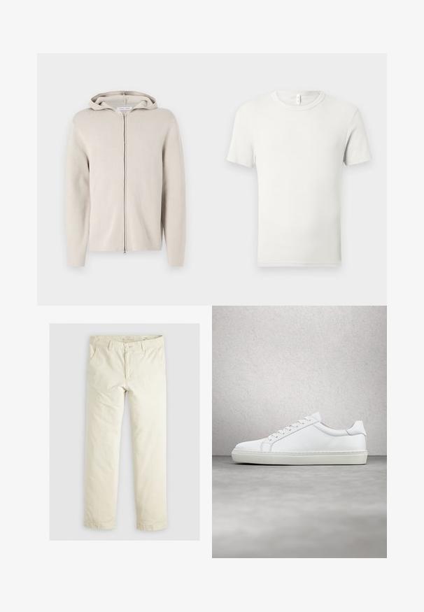 Bež kapuutsiga zip-up college, millel on pehme tekstuur, pikal varrukal ja sirge lõikega. Minimalistlik disain ilma kaunistusteta.; Läbipaistmatu valge lühikeste varrukatega t-särk, millel on ümmargune kaelus ja mis on tasapinnal heleda halli tausta peal, kaeluses väike kangasetikett.; Heledadbež püksid, millel on lõtv istuvus, kolm taskut, vöökohad ja sirge lõikega disain. Valmistatud pehmest puuvillasegust materjalist.; Valge tennisetoss, millel on sile nahk pealis ja madal profiil. Omab ümarat ninaosa, kuut silmust ja tekstuuriga kummist talda.