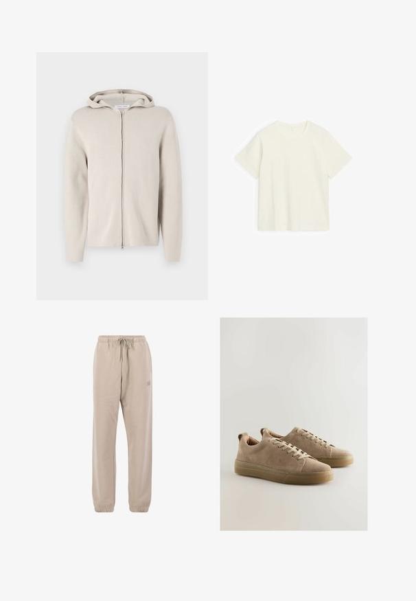 Béžová mikina na zips s jemnou textúrou, obsahujúca kapucňu, dlhé rukávy a rovný strih. Minimalistický dizajn bez ozdôb.; Jednoduché off-white tričko s krátkym rukávom vyrobené z bavlny s okrúhlym výstrihom, rozložené na bielom pozadí.; Béžové tepláky z jemného materiálu, s šnúrkou v páse, elastickými manžetami a malým logom na boku.; Béžové semišové tenisky s plochými šnúrkami, nízkym strihom a gumovou podrážkou. Majú bezšvovú špičku a švové detaily.