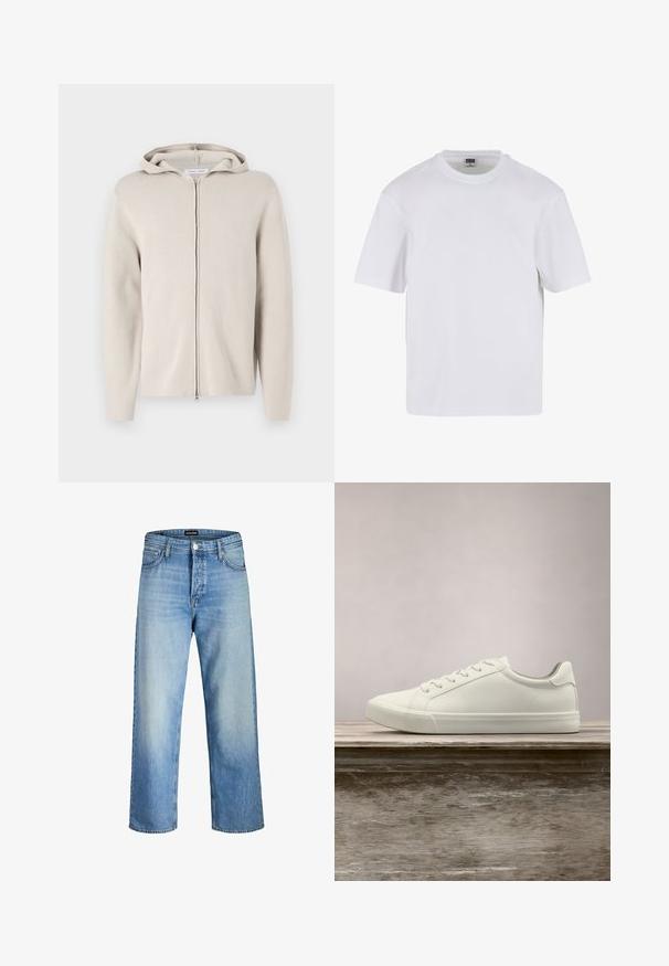 Bež kapuutsiga zip-up college, millel on pehme tekstuur, pikal varrukal ja sirge lõikega. Minimalistlik disain ilma kaunistusteta.; Valge lühikeste varrukatega T-särk, mis on valmistatud puuvillast. Omab ümarat kaelust ja vaba lõiget. Sile tekstuur, minimalistik disain, ilma mustrite ja aktsentideta.; Heledad denimist valmistatud helesinised teksad lõdva istuvusega, millel on kõrge vöökoht, esi-taskud ja sirge jalgade lõige, rõhutades peent tuhmumist.; Valged nööpidega ketsid, mis hõljuvad puidust pingil rohelise lehestiku taustal, näidates uue disaini ja tekstuuri.