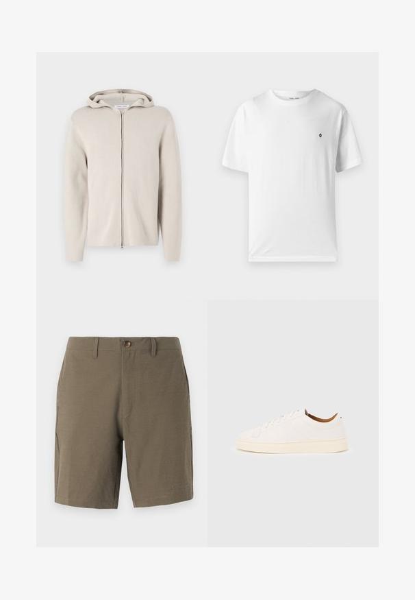 Beige Kapuzenpullover mit einem weichen Material, ausgestattet mit einer Kapuze, langen Ärmeln und einem geraden Schnitt. Minimalistisches Design ohne Verzierungen.; Weißes Baumwoll-T-Shirt mit rundem Halsausschnitt, kurzen Ärmeln und einem kleinen schwarzen Logo auf der Brust. Weicher Stoff, lässige Passform.; Olivgrüne Shorts aus strukturiertem Stoff, mit Knopfverschluss und flachem Bund, ausgestattet mit Seitentaschen für Funktionalität.; Weißer Sneaker mit niedrigem Schaft und Schnürdesign, minimalen Nähten und einer cremefarbenen Sohle auf hellgrauem Hintergrund.