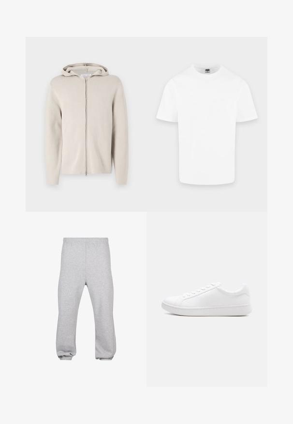 Veste à capuche zippée beige avec une texture douce, dotée d'une capuche, de manches longues et d'une coupe droite. Design minimaliste sans ornements.; T-shirt blanc uni en coton à manches courtes et col rond présenté sur un fond gris clair.; Pantalon de jogging en coton gris clair avec taille élastique et poignets aux chevilles, présenté à plat sur fond blanc.; Baskets blanches basses à lacets, tige en cuir lisse et semelle épaisse en caoutchouc, vues de profil sur un fond uni.