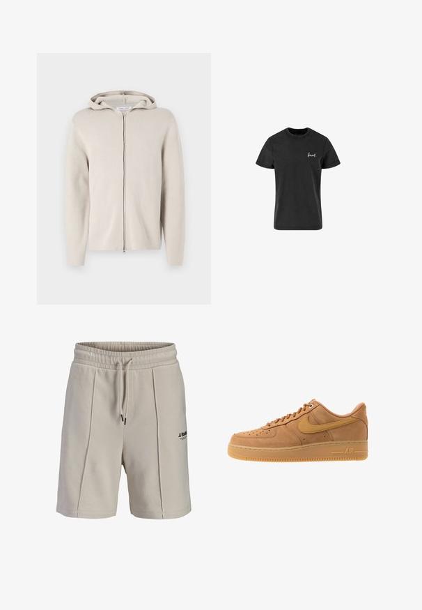 Beige zip-up hættetrøje med en blød tekstur, der har hætte, lange ærmer og lige snit. Minimalistisk design uden udsmykninger.; Sort bomulds T-shirt med rund halsudskæring, korte ærmer og et lille hvidt "forst" logo på venstre bryst. Enkel, klassisk design.; Beige bomuldsshorts med elastisk talje, snøre, frontsømme og lille sort JJ Studios-logo på venstre lår.; Nike Sportswear AIR FORCE 1 07 - Sneakers - flax/wheat/light brown/black/team gold