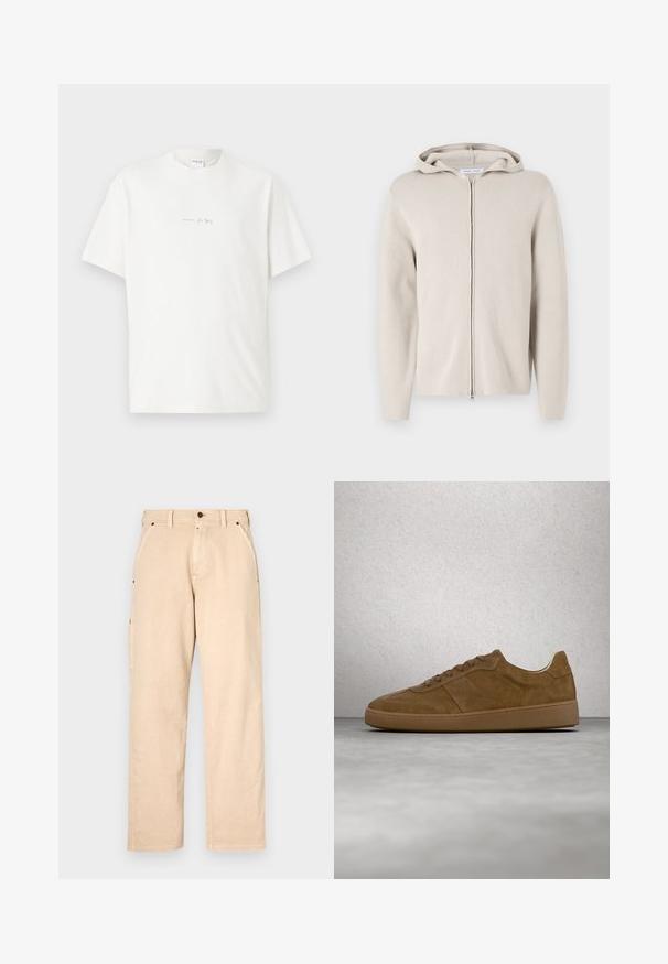 Sudadera beige con cremallera y textura suave, que presenta una capucha, mangas largas y un corte recto. Diseño minimalista sin adornos.; Camisa de algodón blanca con cuello redondo, mangas cortas y un pequeño logo impreso en la parte delantera. Textura suave y corte relajado.; Pantalones de algodón beige con corte de pierna recta, que cuentan con bolsillos laterales, pasadores para cinturón y cierre delantero con botón. Textura suave, diseño minimalista.; Zapatilla deportiva de ante marrón con cordones color beige y suela de goma. Presenta una puntera redondeada y detalles cosidos en la parte superior. Diseño ligero.