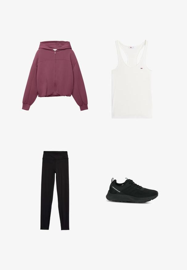 Ritssluiting mauve hoodie met lange mouwen, geribbelde manchetten en elastische zoom.; Witte geribde tanktop met een brede racerback ontwerp, voorzien van een klein logo in rood, wit en blauw op de linkerborst.; Marks & Spencer GO BALANCE WAIST - Legging - black; Zwarte sportschoen met een textuur bovenwerk, meshpanelen en een gewatteerde zool. Voorzien van veters en een trekkraag aan de hiel voor gemakkelijk aan- en uittrekken.