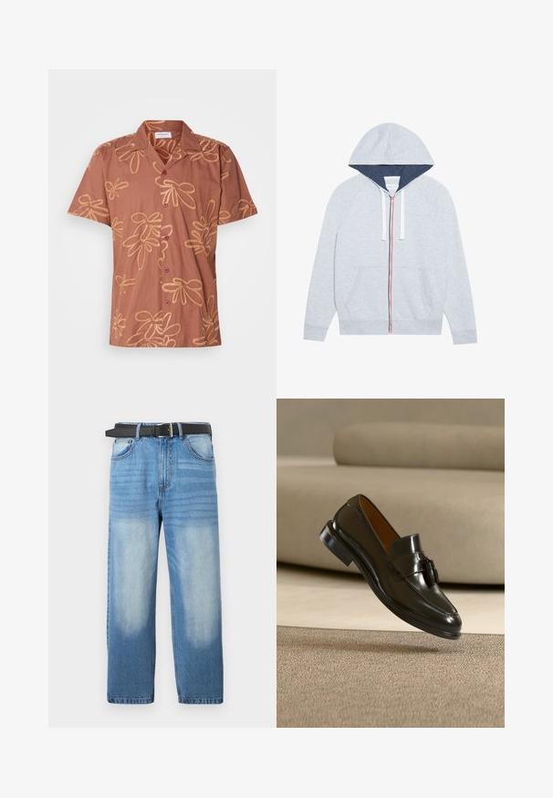 Sudadera con cremallera de color gris claro, con capucha forrada en azul marino, detalles de cremallera en rojo y azul contrastantes, y dos bolsillos frontales tipo parche.; Camisa marrón de manga corta con un patrón floral en hilo dorado, con dos botones oscuros y un cuello. Tejido suave con un corte holgado.; Jean de mezclilla azul claro con pierna recta, que presenta un cinturón negro, parches desgastados y una sutil textura diagonal en la sección superior.; Zapato mocasín de cuero negro con borlas flotando sobre una alfombra beige con un sofá beige al fondo.