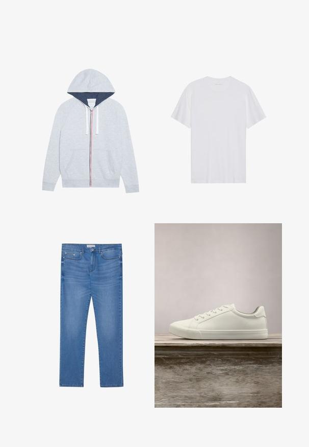 Haut à capuche zippé gris clair avec une capuche doublée de bleu marine, des accents de fermeture éclair rouges et bleus contrastants, et deux poches plaquées à l'avant.; T-shirt en coton blanc à manches courtes, col rond et texture lisse. Présente un branding minimal au niveau du col.; Jeans en denim bleu clair avec une coupe droite, design à cinq poches, décoloration subtile et accents en métal au niveau de la taille et des poches.; Sneaker en dentelle blanche flottant au-dessus d'un banc en bois avec un feuillage vert en arrière-plan, mettant en valeur le design et la texture de la chaussure.