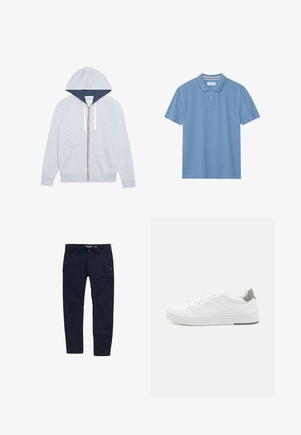 Lichtgrijze zip-up hoodie met een marineblauwe gevoerde capuchon, contrasterende rode en blauwe ritsaccenten, en twee voorste patchzakken.; Lichtblauwe polo shirt van textiel met structuur, met een gekleed halslijn, een knoopsluiting met drie knopen en korte mouwen.; Navyblauwe broek van katoen met een rechte pasvorm. Voorzien van twee zijzakken en een knoopsluiting. Minimalistisch ontwerp met subtiele accenten.; Witte sneaker van glad leer met een ronde neus, minimalistisch ontwerp, grijze hielaccent en een geplaatste rubberen zool.