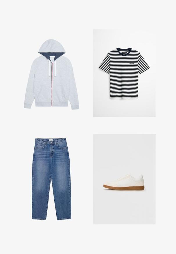Sudadera con cremallera de color gris claro, con capucha forrada en azul marino, detalles de cremallera en rojo y azul contrastantes, y dos bolsillos frontales tipo parche.; Camiseta de manga corta con rayas horizontales en azul marino y blanco, cuello azul marino y pequeño logo de Marc O’Polo en el pecho.; Vaqueros de mezclilla azul con un diseño de cintura alta y pierna recta, en acabado desgastado. Presenta cinco bolsillos y un cierre de botón.; Zapatilla blanca con una puntera de ante, parte superior sintética suave y suela de goma marrón. Presenta perforaciones en los laterales para mayor transpirabilidad.