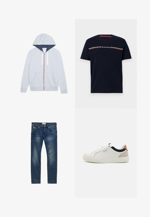 Lys grå zip-up hættejakke med en marineblå foret hætte, kontrasterende røde og blå lynlåse, samt to frontlommer.; Marineblå bomulds-t-shirt med korte ærmer og rund halsudskæring, med en hvid og rød horisontal stribedetalje og "TOM TAILOR" logo.; Mørkeblå denim jeans med lige pasform, prydet med let falmning, fem lommer, lynlås og diskret kontrastsyning.; Hvide lædersneakers med low-top design, marineblå stofdetalje på kraven og en lys lyserød suede hælflap. Gummisål.