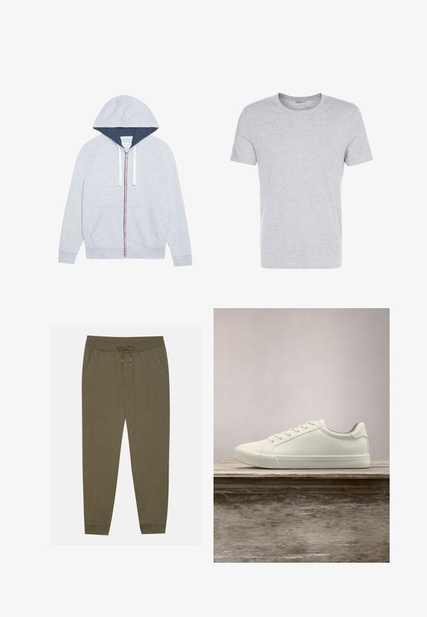 Haut à capuche zippé gris clair avec une capuche doublée de bleu marine, des accents de fermeture éclair rouges et bleus contrastants, et deux poches plaquées à l'avant.; T-shirt en coton gris avec un col rond, des manches courtes et un design sobre, offrant une texture douce et lisse sans motifs ni embellissements visibles.; Pantalons de jogging vert olive avec une taille élastique, cordon de serrage, poches latérales et jambes fuselées. Fabriqués en tissu doux au toucher lisse.; Sneaker en dentelle blanche flottant au-dessus d'un banc en bois avec un feuillage vert en arrière-plan, mettant en valeur le design et la texture de la chaussure.