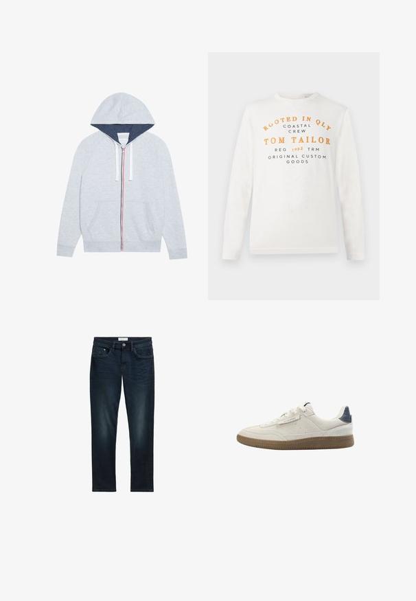 Lys grå zip-up hættejakke med en marineblå foret hætte, kontrasterende røde og blå lynlåse, samt to frontlommer.; Hvid langærmet skjorte med orange og sort tekst, der læser "Rooted in QLY Coastal Crew Tom Tailor Reg 1962 TRM Original Custom Goods" på forsiden.; Mørkeblå denim jeans med slim fit, der har fem lommer, knaplukning og diskret falmning foran for tekstur.; Scalpers MIKO - Sneakers - light grey