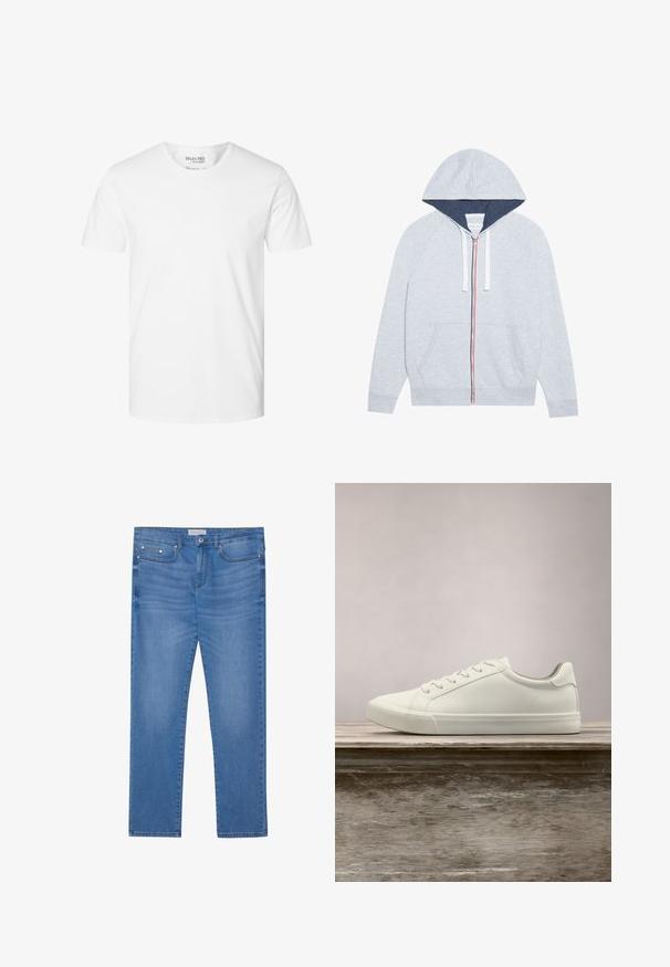 Lys grå zip-up hættejakke med en marineblå foret hætte, kontrasterende røde og blå lynlåse, samt to frontlommer.; Enkelt hvid t-shirt med korte ærmer og rund hals, lavet af økologisk bomuld, mærket Selected Homme, størrelse large.; Lyseblå denimjeans med lige ben, femlommes design, subtil falming og metalbeslag ved taljen og lommerne.; Hvide snørresneakers svævende over en træbænk med grønne planter i baggrunden, der fremhæver skodesign og tekstur.
