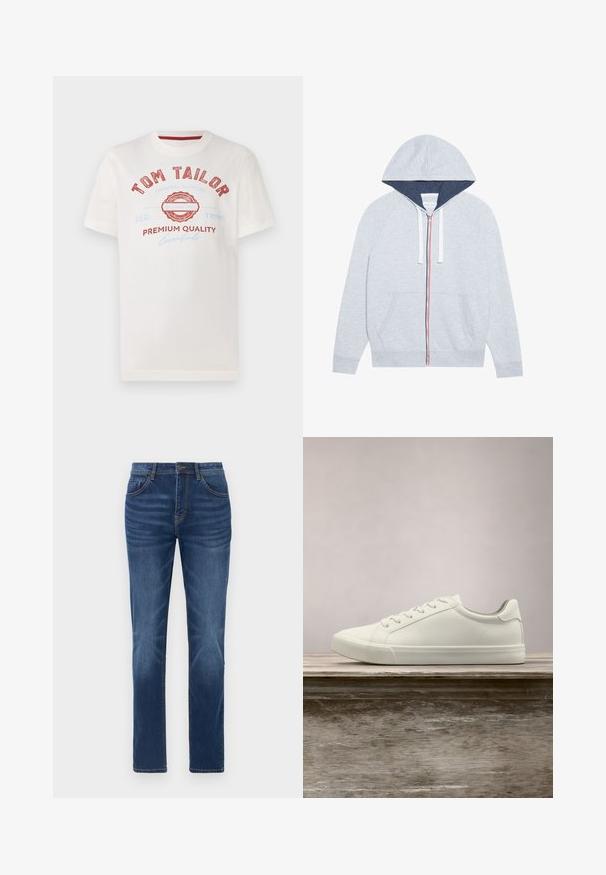 Haut à capuche zippé gris clair avec une capuche doublée de bleu marine, des accents de fermeture éclair rouges et bleus contrastants, et deux poches plaquées à l'avant.; T-shirt en coton blanc avec impression rouge et bleue portant "TOM TAILOR", un logo circulaire et le texte "QUALITÉ PREMIUM" dans différentes polices.; Jean en denim bleu foncé avec une coupe droite classique, un design à cinq poches et un léger effet décoloré sur les jambes. Dispose d'une fermeture à bouton et glissière.; Sneaker en dentelle blanche flottant au-dessus d'un banc en bois avec un feuillage vert en arrière-plan, mettant en valeur le design et la texture de la chaussure.