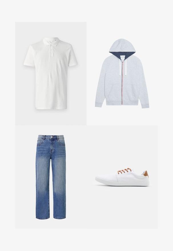 Haut à capuche zippé gris clair avec une capuche doublée de bleu marine, des accents de fermeture éclair rouges et bleus contrastants, et deux poches plaquées à l'avant.; Polo shirt blanc en coton avec un col, trois boutons et des manches courtes. Présente un logo discret sur la poitrine.; Jeans en denim bleu clair à jambes larges avec un motif délavé, cinq poches et une fermeture à glissière. Comprend un bouton et des passants de ceinture à la taille.; Baskets en toile blanches avec des accents marron, dotées de lacets plats, d'une silhouette basse et d'une semelle en caoutchouc texturée.