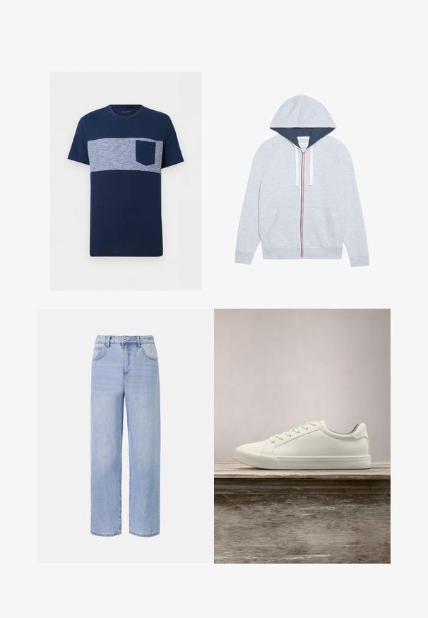 Haut à capuche zippé gris clair avec une capuche doublée de bleu marine, des accents de fermeture éclair rouges et bleus contrastants, et deux poches plaquées à l'avant.; T-shirt homme bleu marine à manches courtes avec une bande horizontale rayée bleu clair et blanc sur la poitrine et une poche poitrine unie bleu marine.; Jean en denim bleu clair avec une coupe décontractée et des jambes larges. Les caractéristiques incluent cinq poches, une fermeture à bouton à l'avant et une décoloration subtile.; Sneaker en dentelle blanche flottant au-dessus d'un banc en bois avec un feuillage vert en arrière-plan, mettant en valeur le design et la texture de la chaussure.