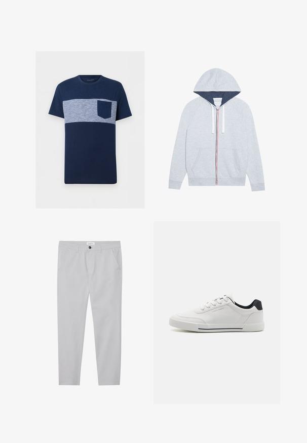 Haut à capuche zippé gris clair avec une capuche doublée de bleu marine, des accents de fermeture éclair rouges et bleus contrastants, et deux poches plaquées à l'avant.; T-shirt homme bleu marine à manches courtes avec une bande horizontale rayée bleu clair et blanc sur la poitrine et une poche poitrine unie bleu marine.; Pantalons gris clair en tissu doux, avec une coupe ajustée, deux poches avant, une fermeture à bouton et des détails de texture subtils.; Baskets blanches avec un dessus en synthétique lisse, bout rond, design à lacets, accent marine sur le talon, et une semelle en caoutchouc texturée avec une bande noire.