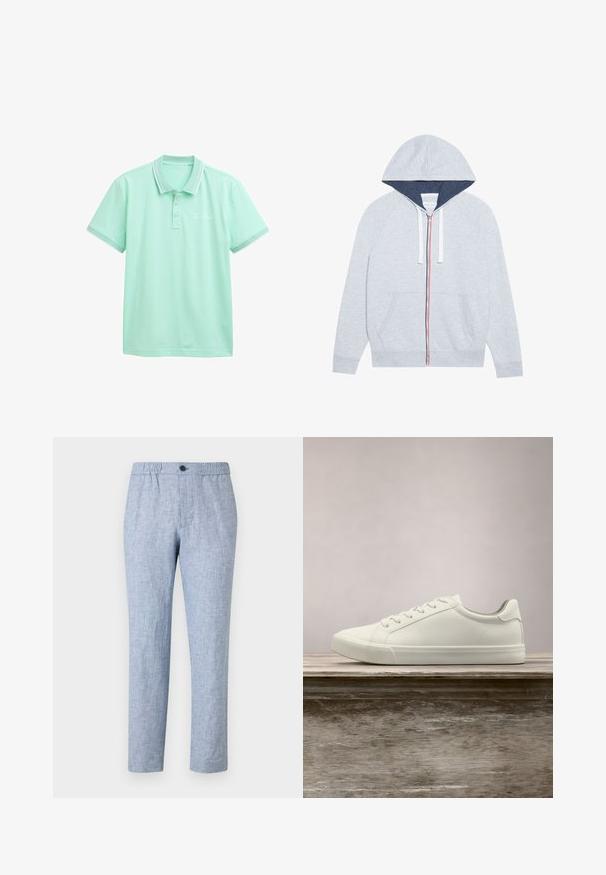 Lys grå zip-up hættejakke med en marineblå foret hætte, kontrasterende røde og blå lynlåse, samt to frontlommer.; Mintgrøn polo-skjorte med en tre-knaps placket, kontrasterende hvid krave og ærmer. Har en subtil tekstur og broderet mærke på brystet.; Lysblå, linnedblend bukser med elastisk talje og en enkelt knaplukning. Lige ben-design, tekstureret stof, ingen mønstre.; Hvide snørresneakers svævende over en træbænk med grønne planter i baggrunden, der fremhæver skodesign og tekstur.