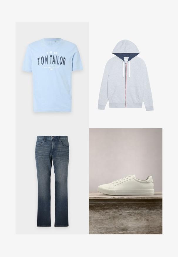 Hellgrau zip-up Hoodie mit einer marineblauen Kapuze, kontrastierenden roten und blauen Reißverschlussakzenten sowie zwei vorderen aufgesetzten Taschen.; Hellblaues Baumwoll-T-Shirt mit rundem Ausschnitt und kurzen Ärmeln. Es hat fettgedruckten, schwarzen Text: "TOM TAILOR" und weitere Branding-Details.; TOM TAILOR MARVIN - Jeans Straight Leg - dark stone wash denim; Weiße Schnürsneaker, die über einer Holzbank mit grünem Laub im Hintergrund schweben und das Schuhdesign sowie die Textur zeigen.